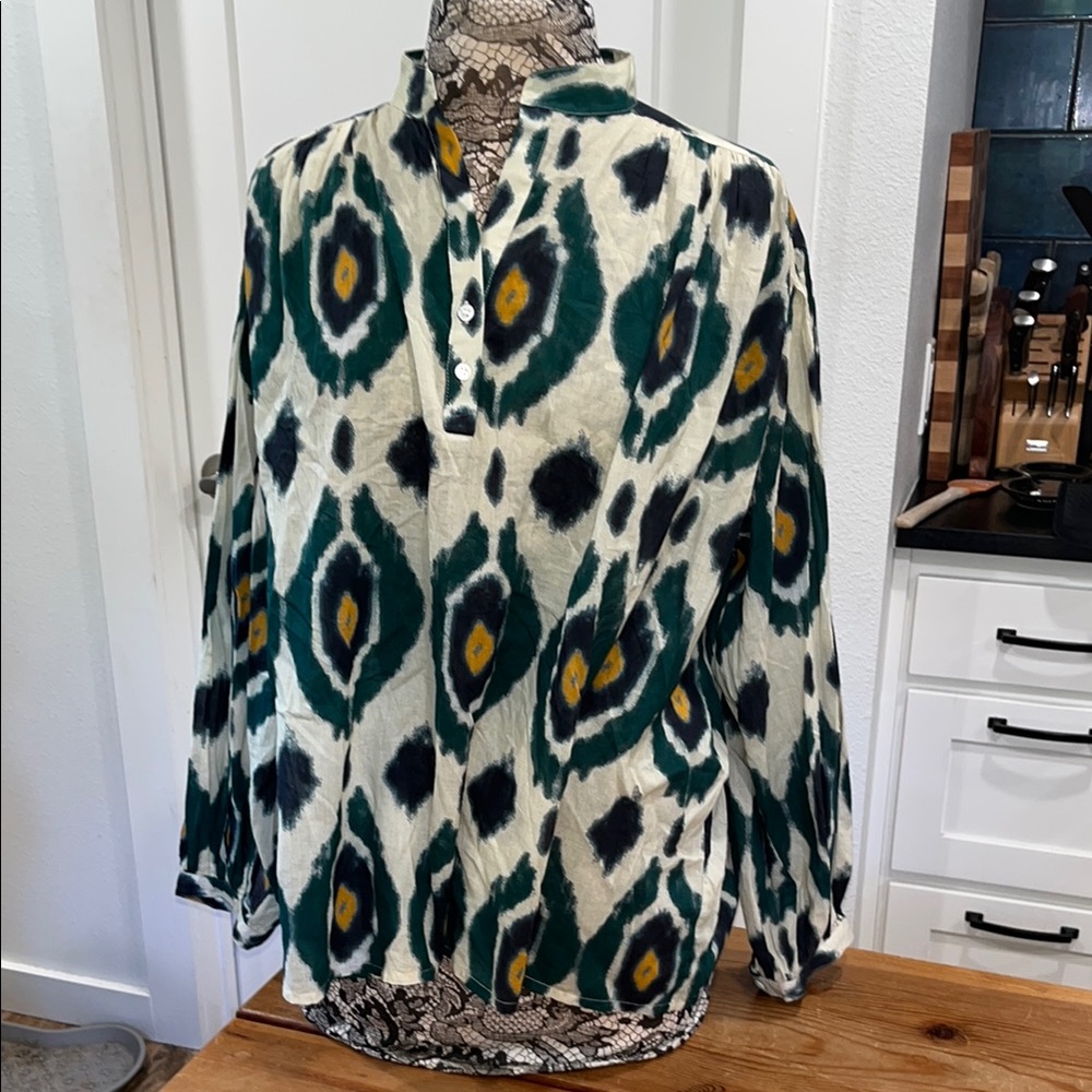 V DE Vinster Cotton Bohemian Blouse with Green and Yellow Pattern